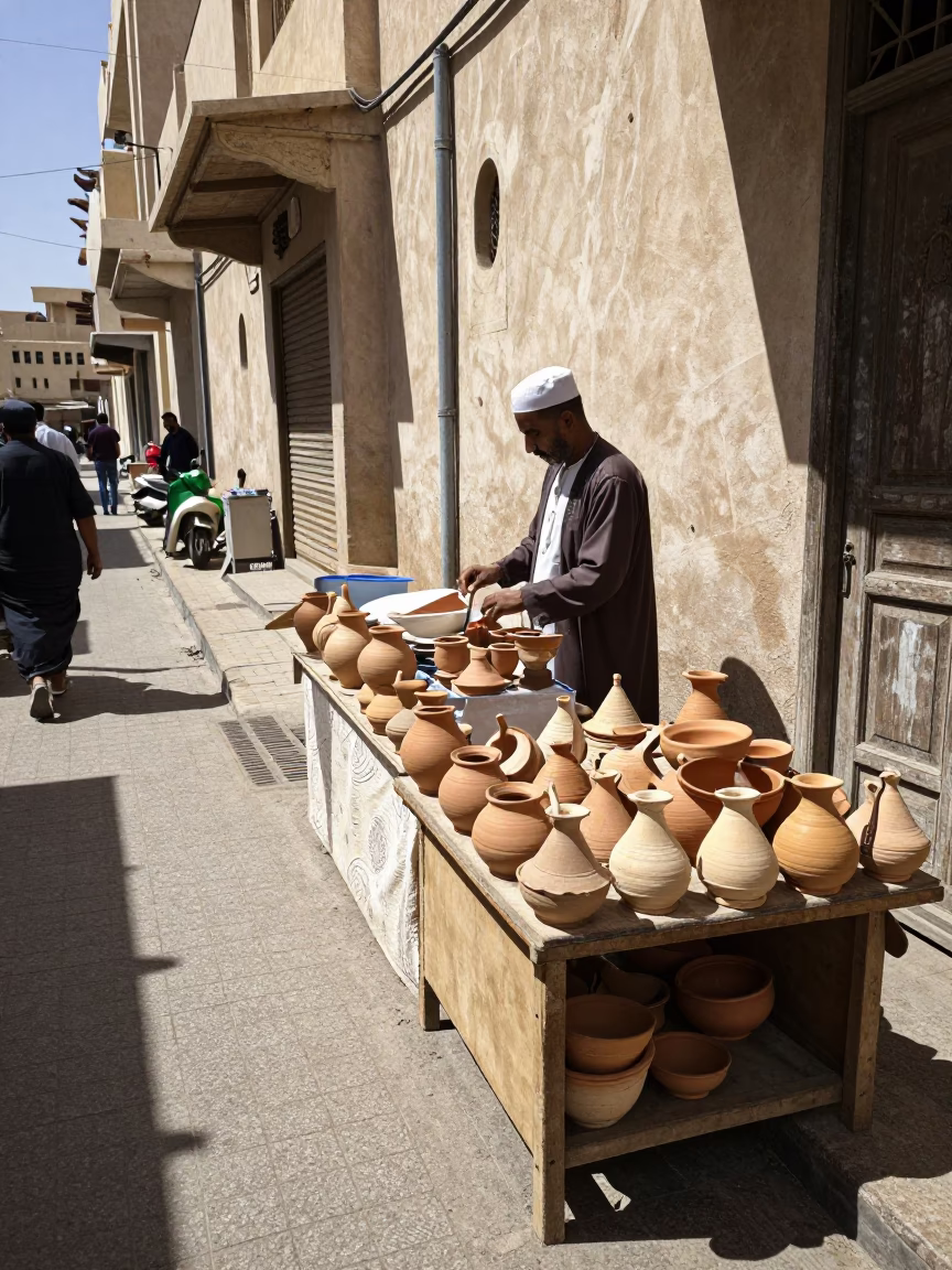 Muscat Oman midday street scene with traditional utensil crocks and local commerce in in Muscat, Oman