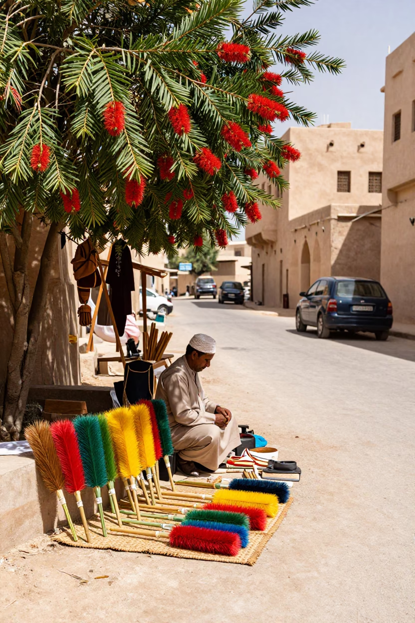 Muscat Oman Midmorning Street Scene with Bottle Brush and Local Life in in Muscat, Oman