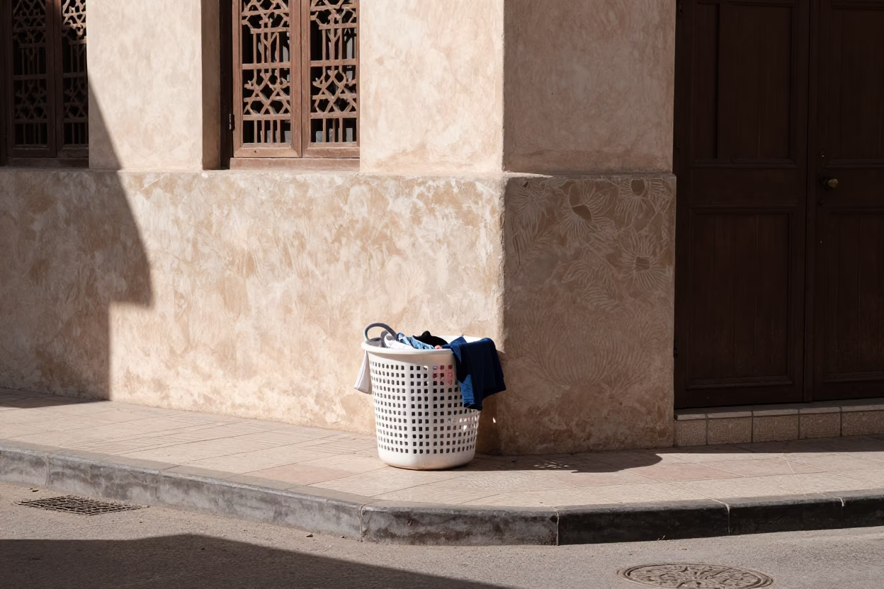 Muscat Oman Midmorning Street Scene with Laundry Basket and Traditional Architecture in in Muscat, Oman
