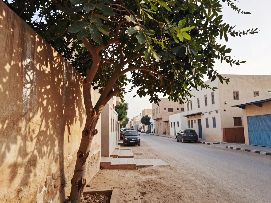 Muscat Oman Morning Street Scene with Fig Tree and Local Commerce in in Muscat, Oman