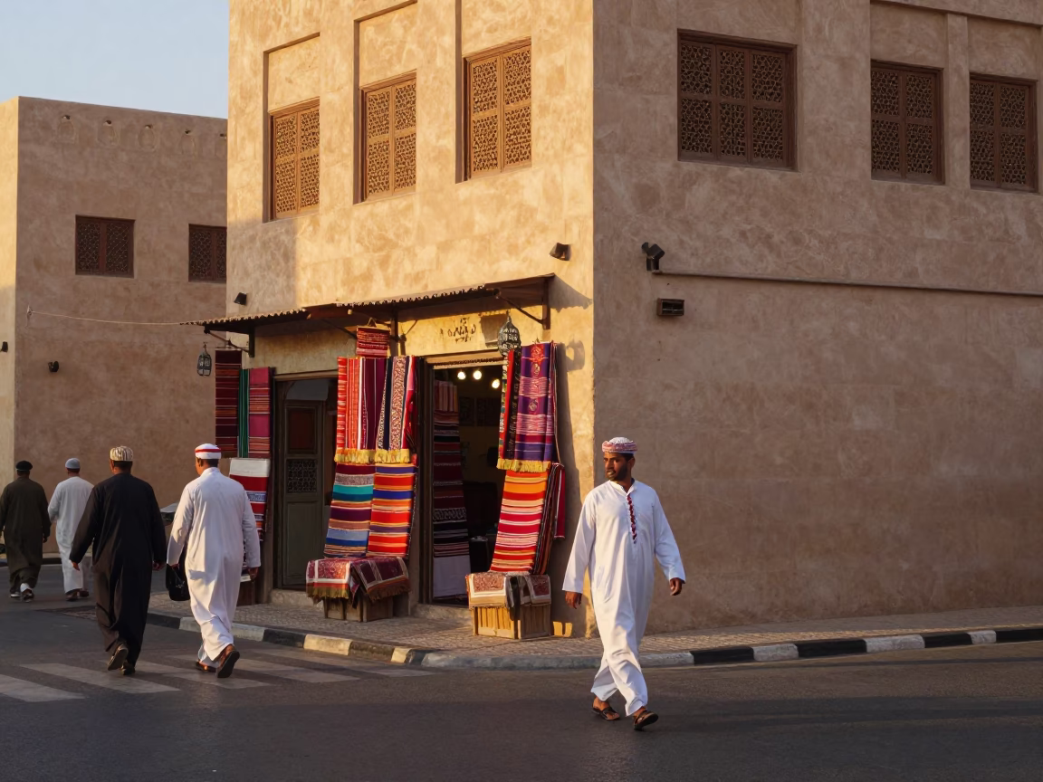 Muscat Oman Morning Street Scene with Traditional Attire and Local Architecture in in Muscat, Oman