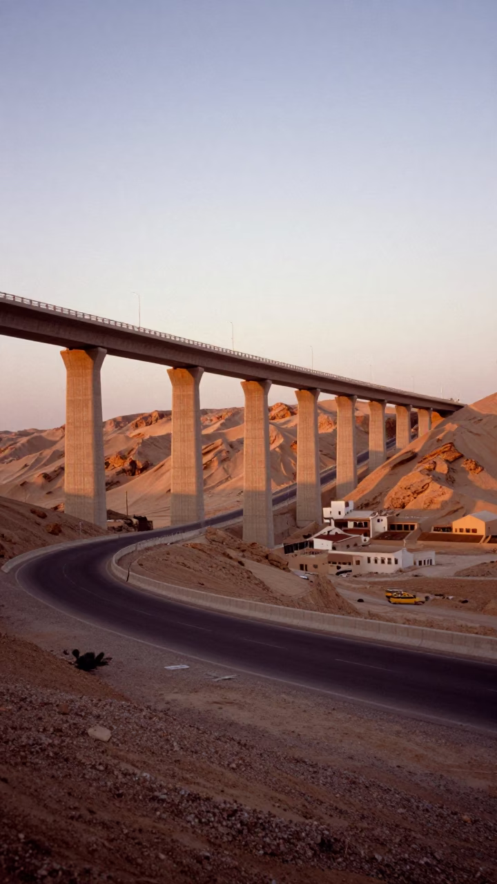 Muscat Oman Nautical Dawn Concrete Viaduct Valley Floor Street Scene in in Muscat, Oman