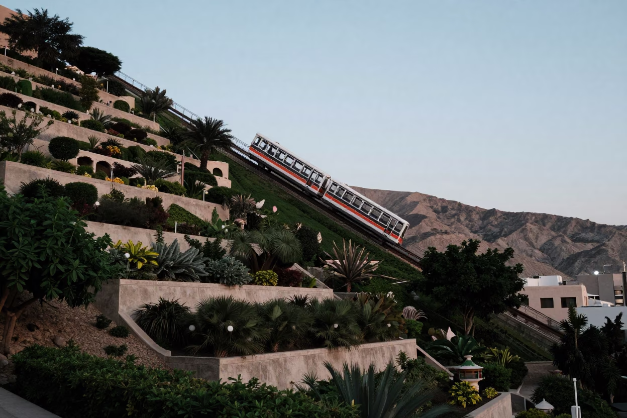 Muscat Oman Nautical Dawn Funicular Railway Terraced Gardens in in Muscat, Oman