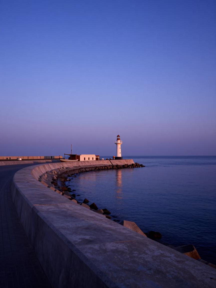 Muscat Oman Nautical Dawn Harbor Breakwater Beacon and Traditional Dhow Boats in in Muscat, Oman