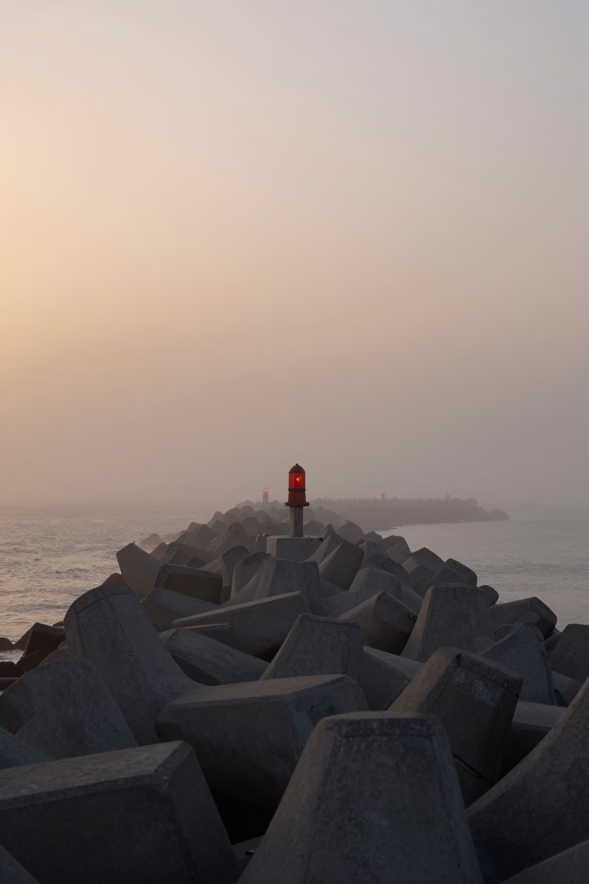 Muscat Oman Nautical Dawn Sea Fog Breakwater Warning Beacons in in Muscat, Oman