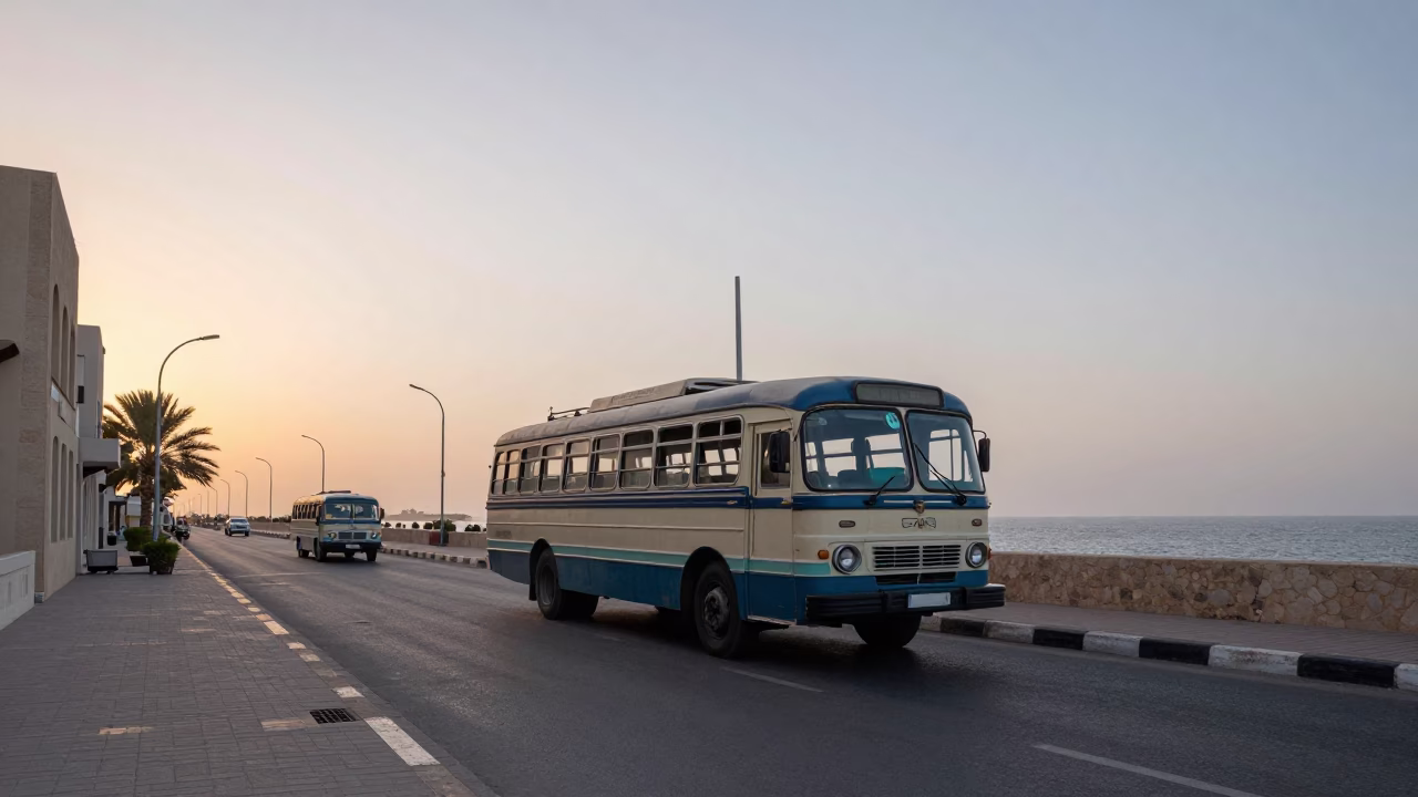 Muscat Oman Nautical Dawn Street Scene with Classic Bus and Local Life in in Muscat, Oman