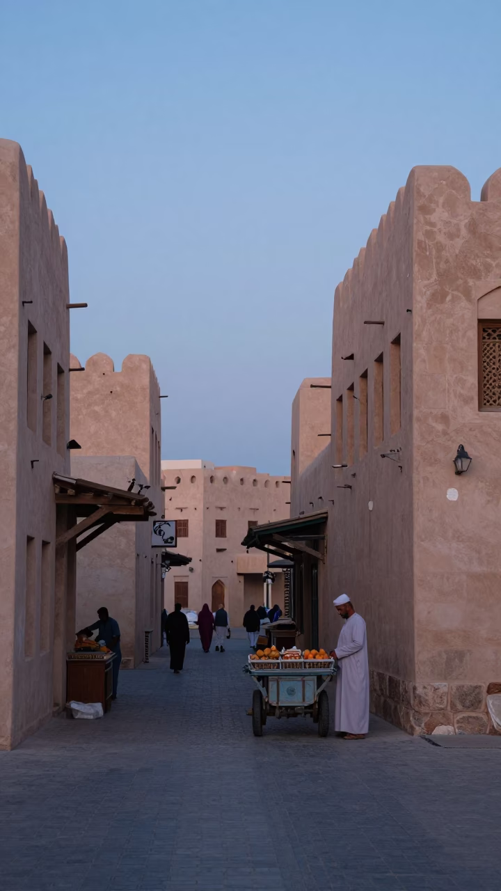 Muscat Oman Nautical Dawn Street Scene with Local Commerce and Architectural Details in in Muscat, Oman