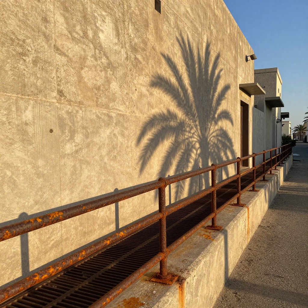 Muscat Oman Nautical Dawn Street Scene with Rusty Rail and Leaf Shadows in in Muscat, Oman
