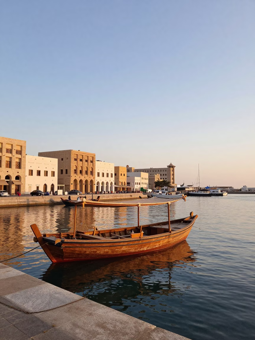 Muscat Oman Nautical Dawn Street Scene with Traditional Dhow Boat and Coastal Market Activity in in Muscat, Oman