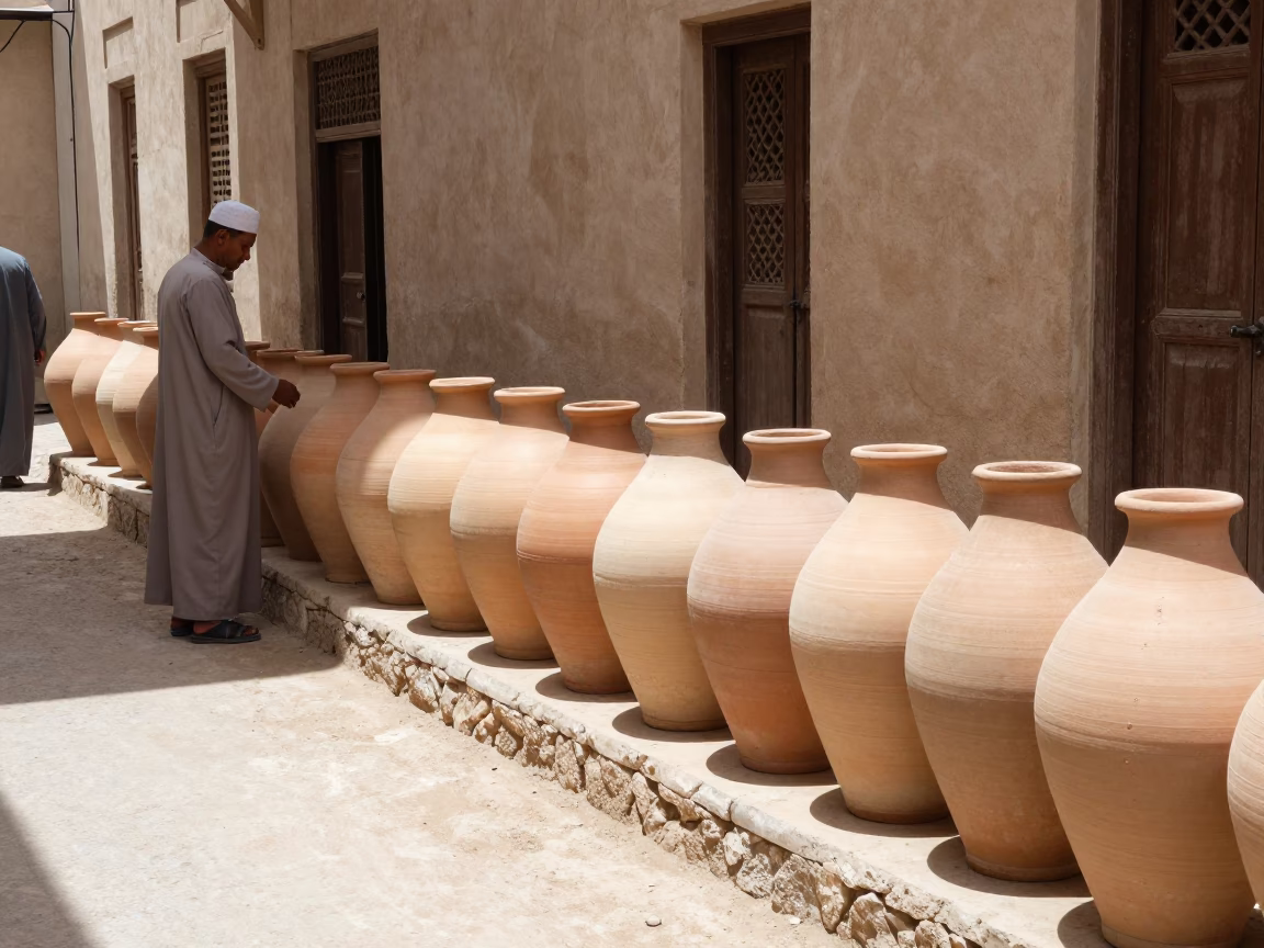 Muscat Oman Noon Sunlight Stoneware Crocks Local Souq Street Scene in in Muscat, Oman