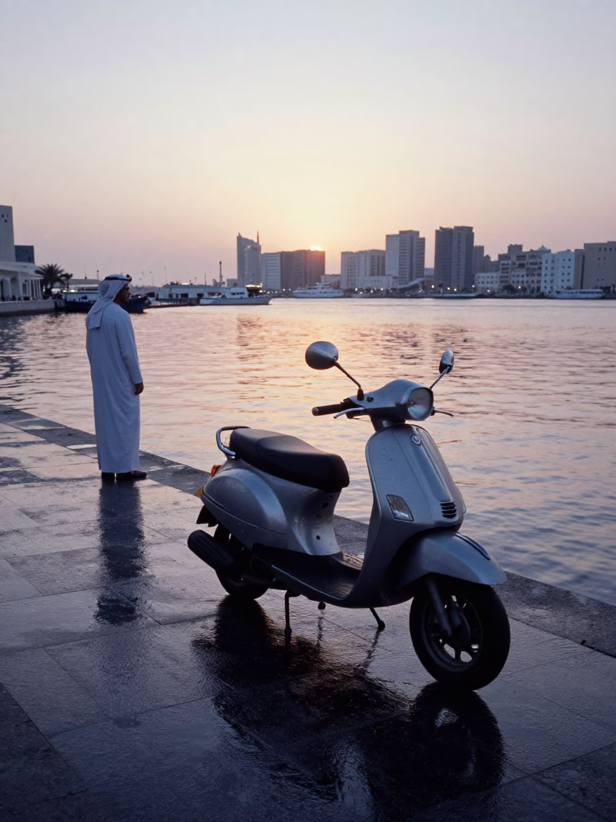 Muscat Oman Pre-Dawn Harbor Street Scene with Scooter and Local Life Before Sunrise in in Muscat, Oman