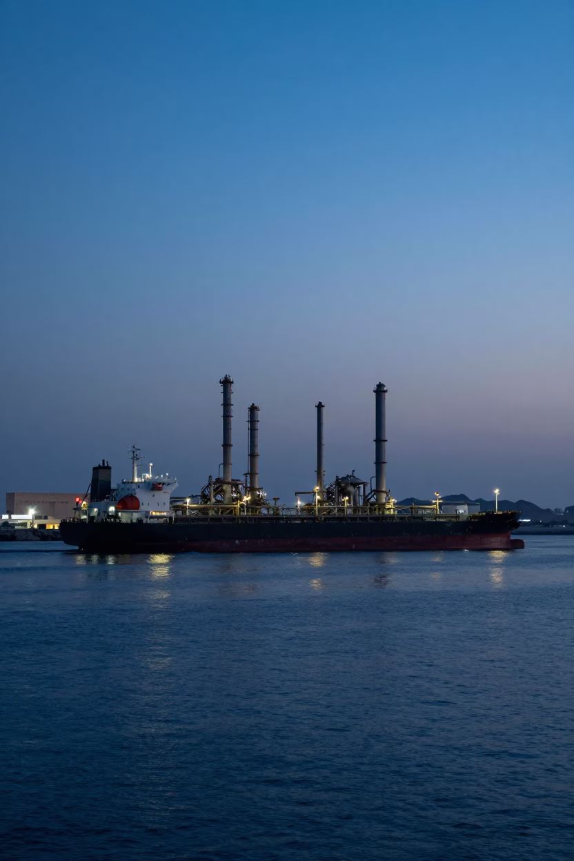 Muscat Oman Pre-Dawn Harbor View with Tanker Ship at Refinery Dock in in Muscat, Oman