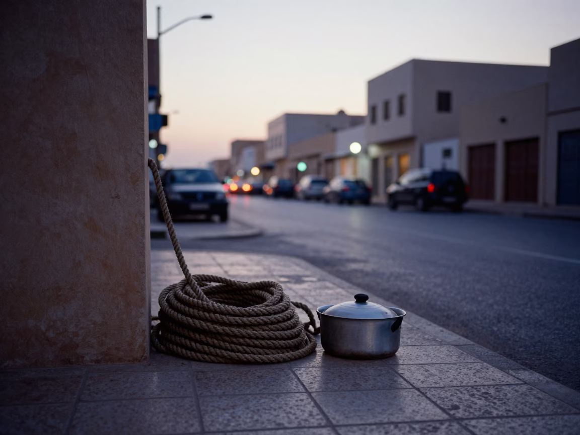 Muscat Oman Pre-Dawn Street Scene with Coiled Rope and Saucepan in in Muscat, Oman