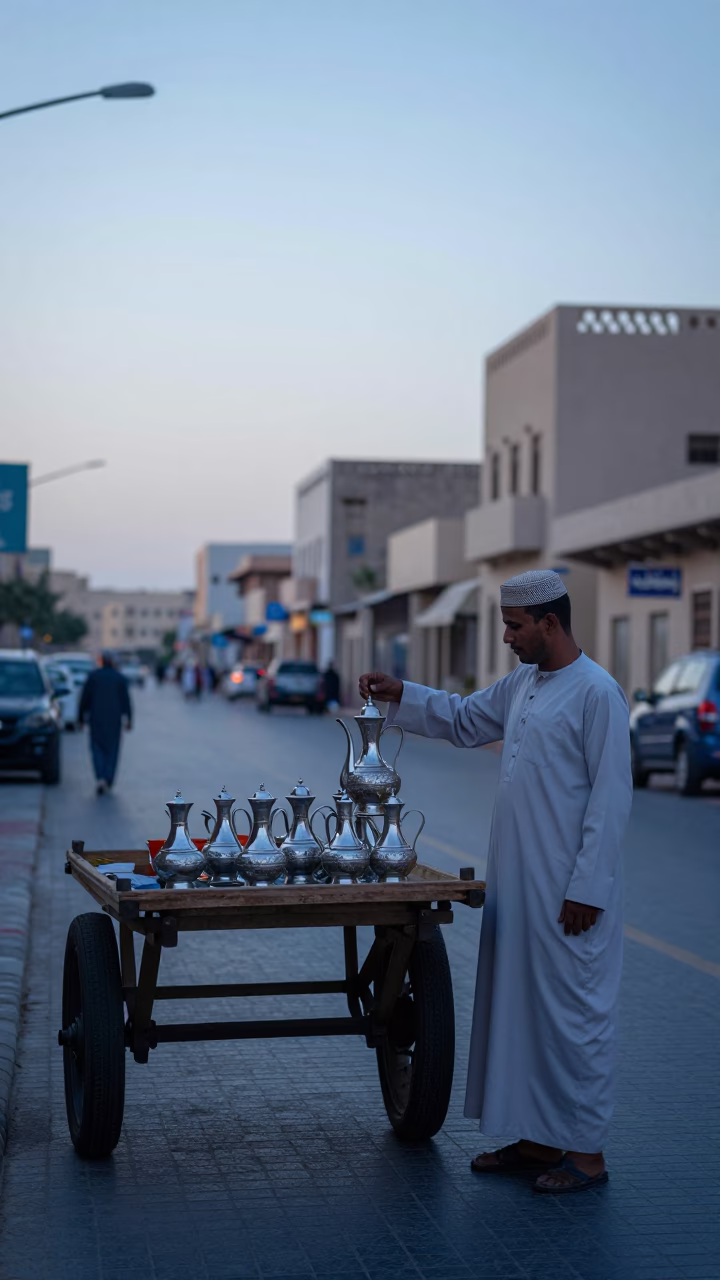 Muscat Oman pre-dawn street scene with traditional pitcher and morning light in in Muscat, Oman