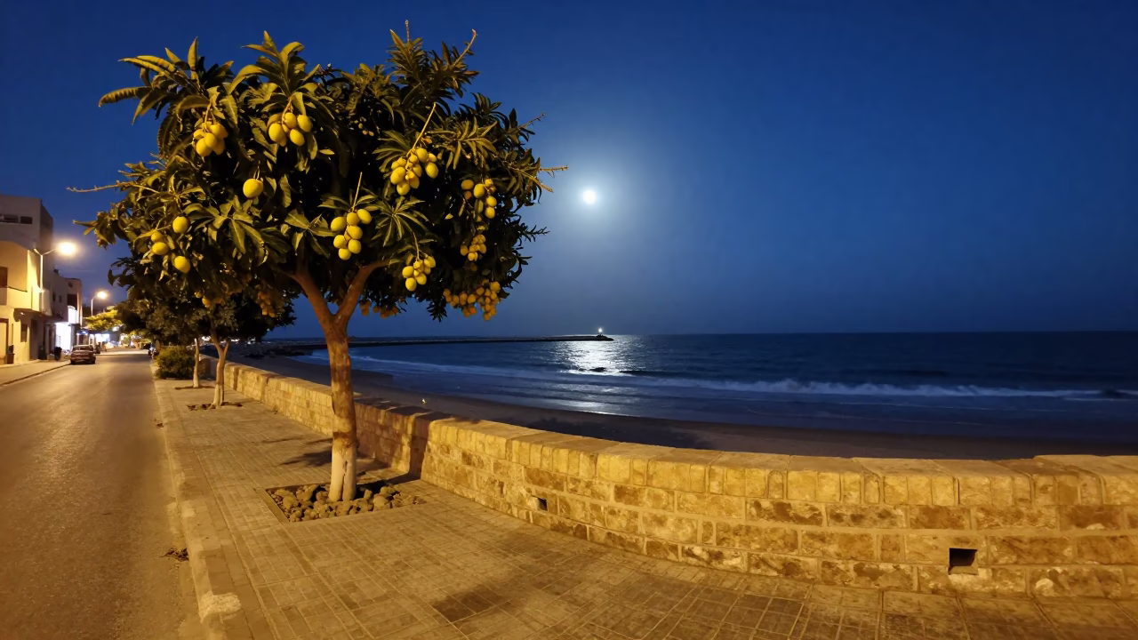 Muscat Oman Predawn Street Scene with Moonlit Surf and Lone Breakwater Beacon in in Muscat, Oman