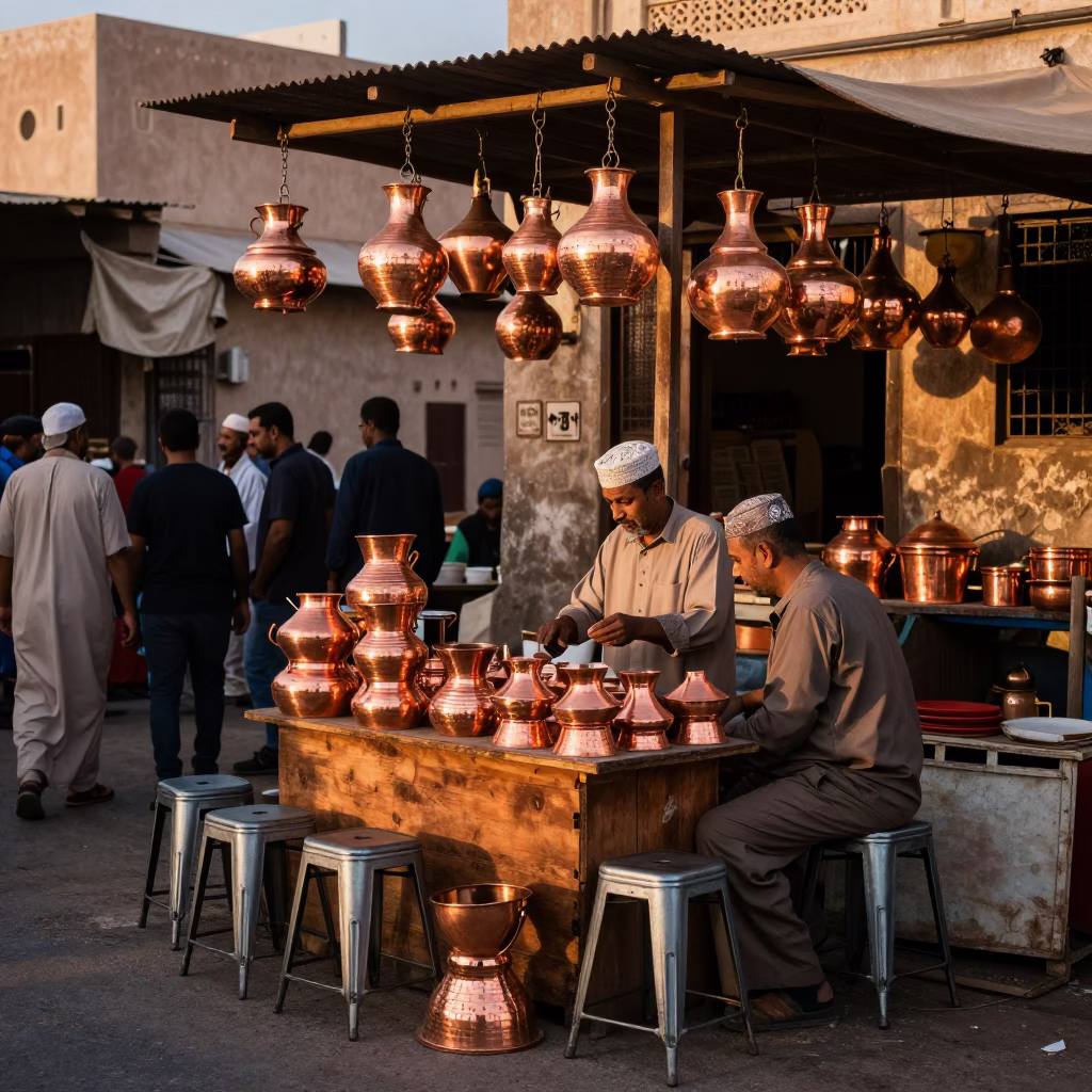 Muscat Oman Street Market Copper Pots and Metal Stools Before Dusk in in Muscat, Oman