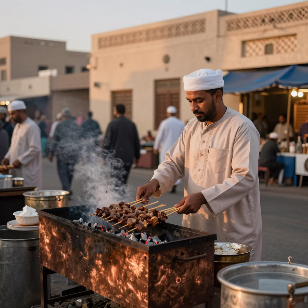 Muscat Oman Street Market Vendor Selling Anticuchos Skewers in Copper Toned Dusk Light in in Muscat, Oman