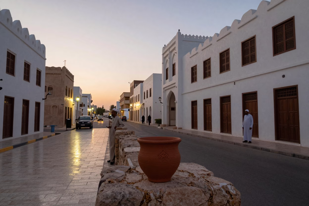 Muscat Oman Street Scene at Dusk with Clay Cup of Masala Chai Steaming in in Muscat, Oman