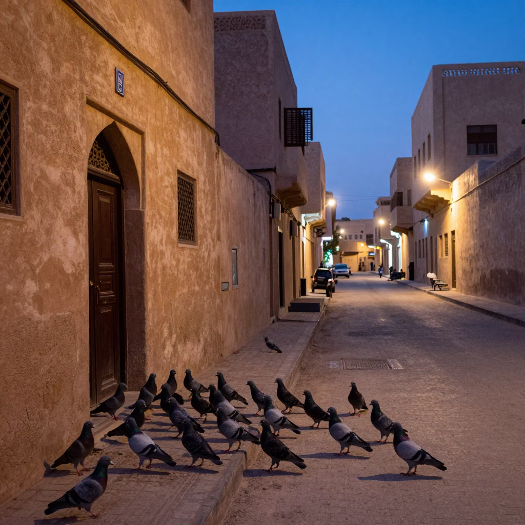 Muscat Oman Street Scene at Dusk with Pigeons and Coiled Rope Near Traditional Architecture in in Muscat, Oman