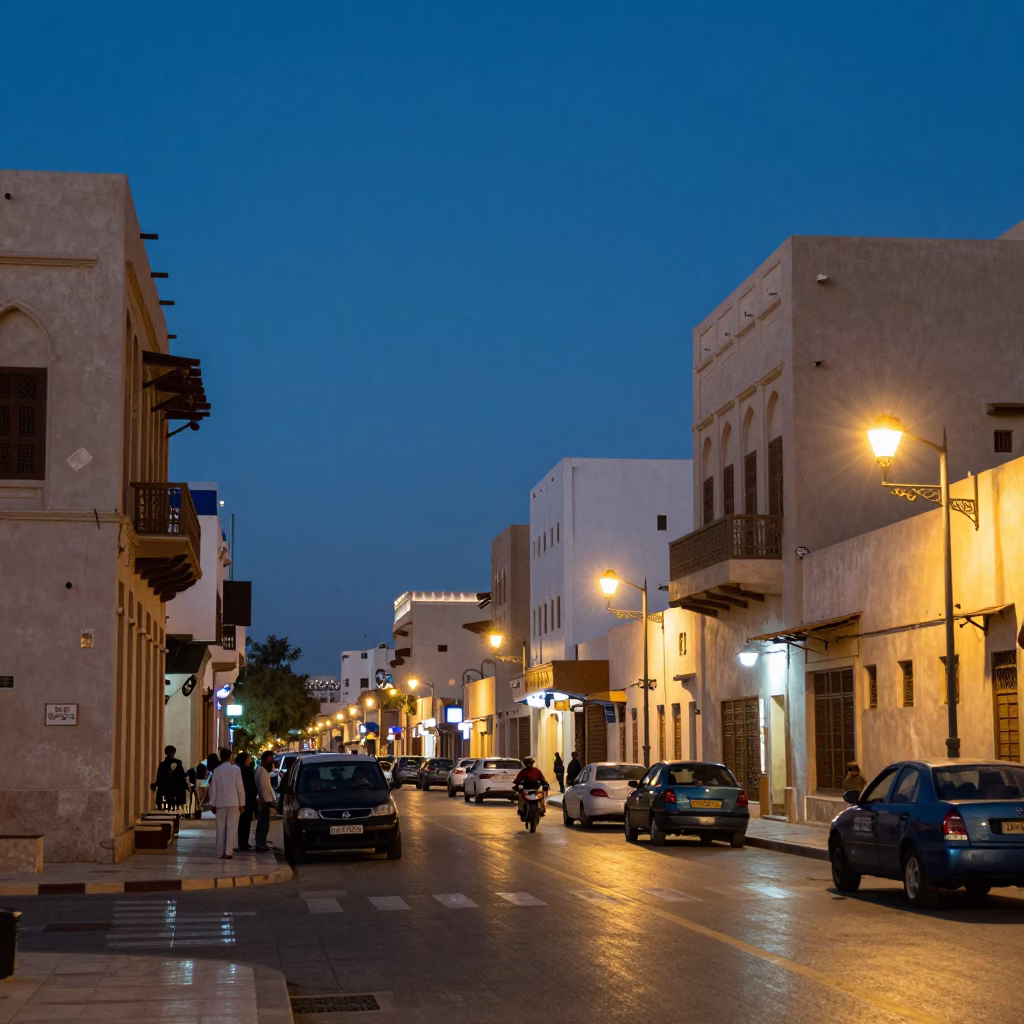 Muscat Oman Street Scene at Dusk with Traditional Architecture and City Lights in in Muscat, Oman