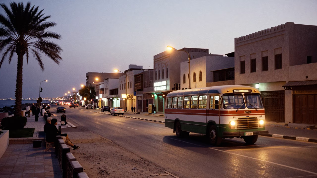 Muscat Oman Street Scene at Dusk with Traditional Architecture and Evening Activity in in Muscat, Oman