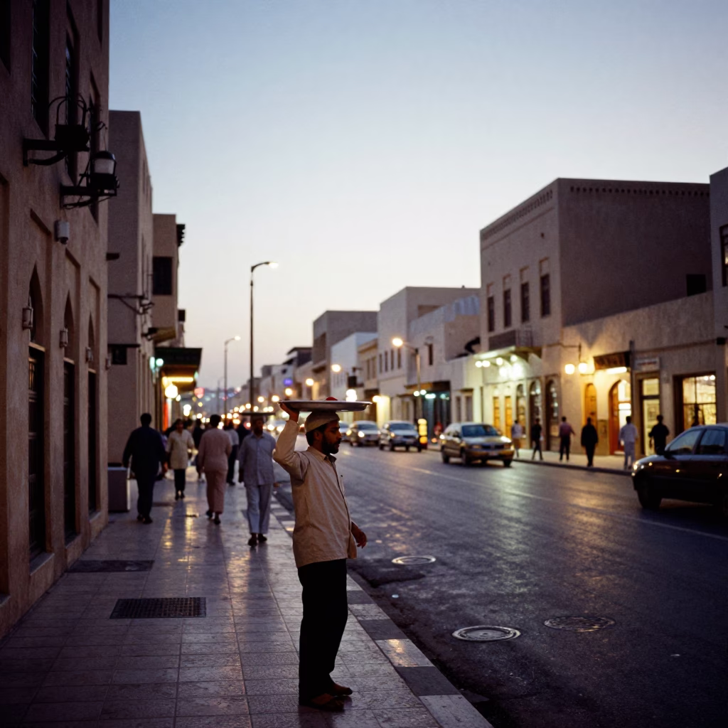 Muscat Oman Street Scene at Dusk with Traditional Architecture and Evening Glow in in Muscat, Oman