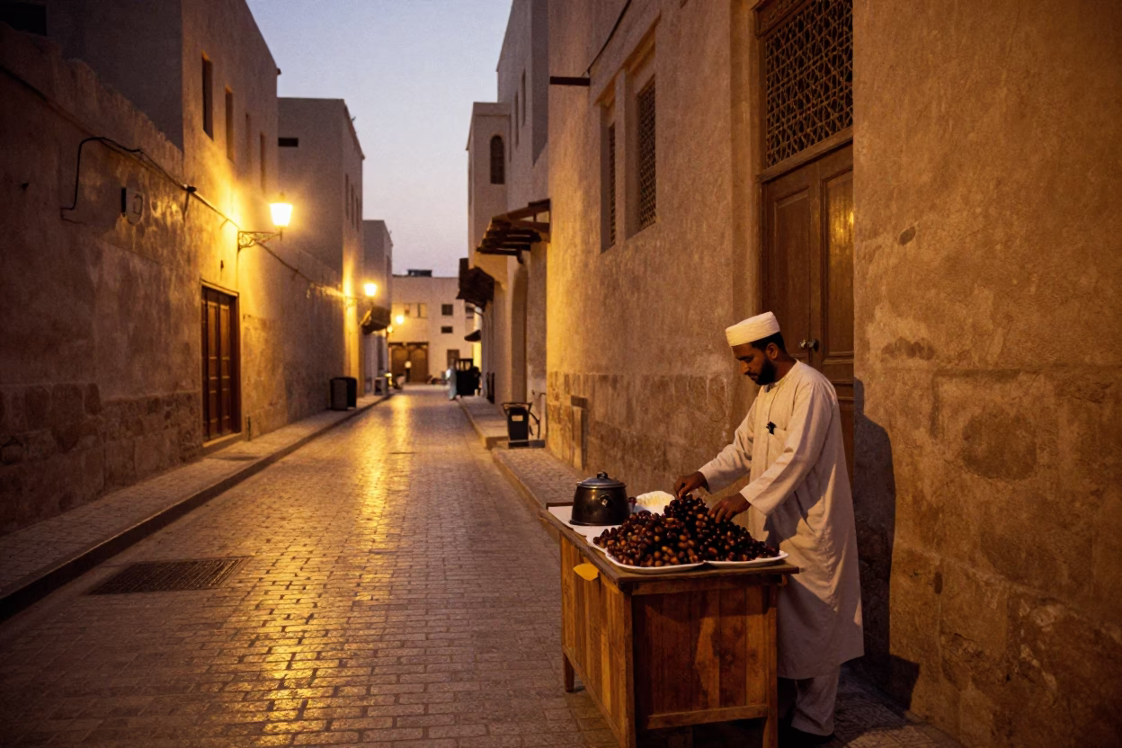 Muscat Oman street scene at dusk with traditional architecture and evening lights in in Muscat, Oman