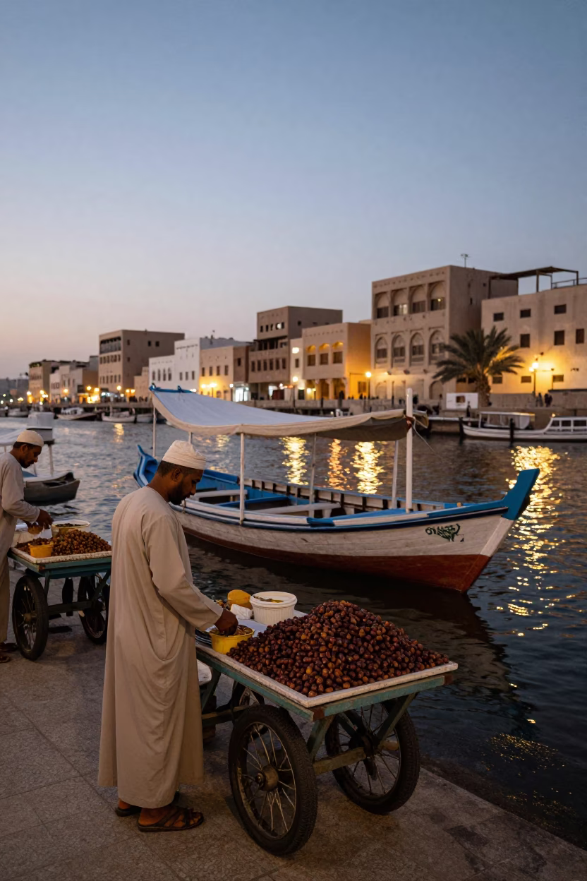 Muscat Oman street scene at dusk with traditional dhow boat and city lights in in Muscat, Oman
