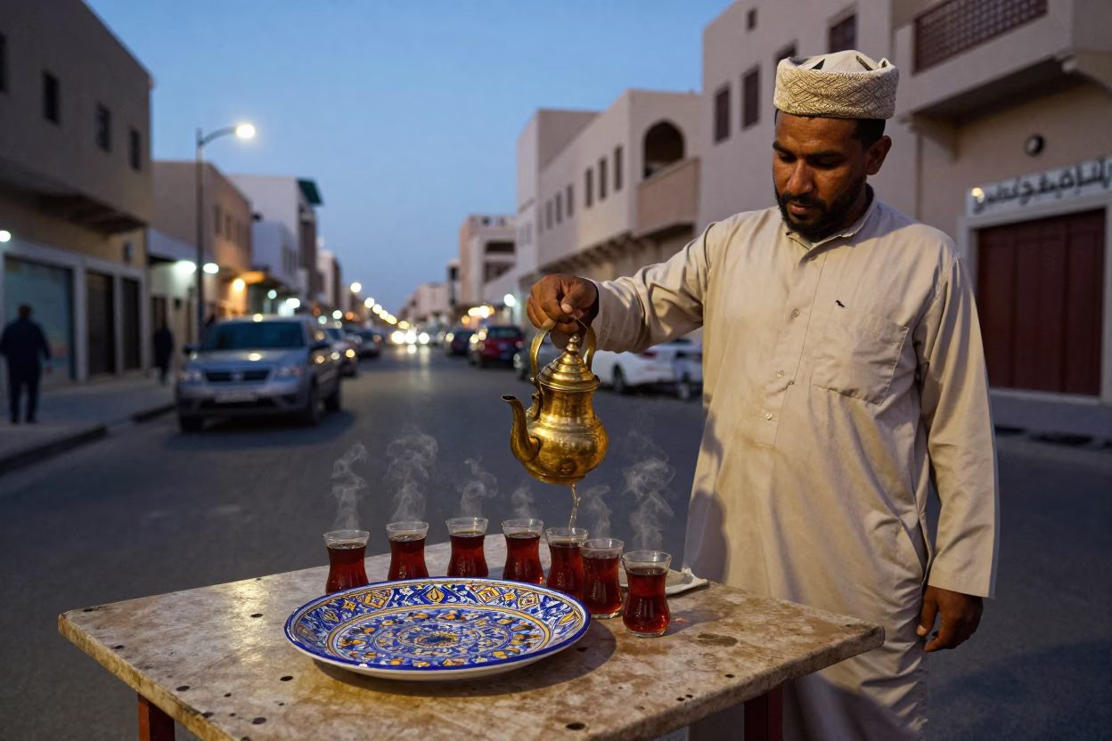 Muscat Oman street scene at dusk with vintage majolica plate and traditional tea service in in Muscat, Oman
