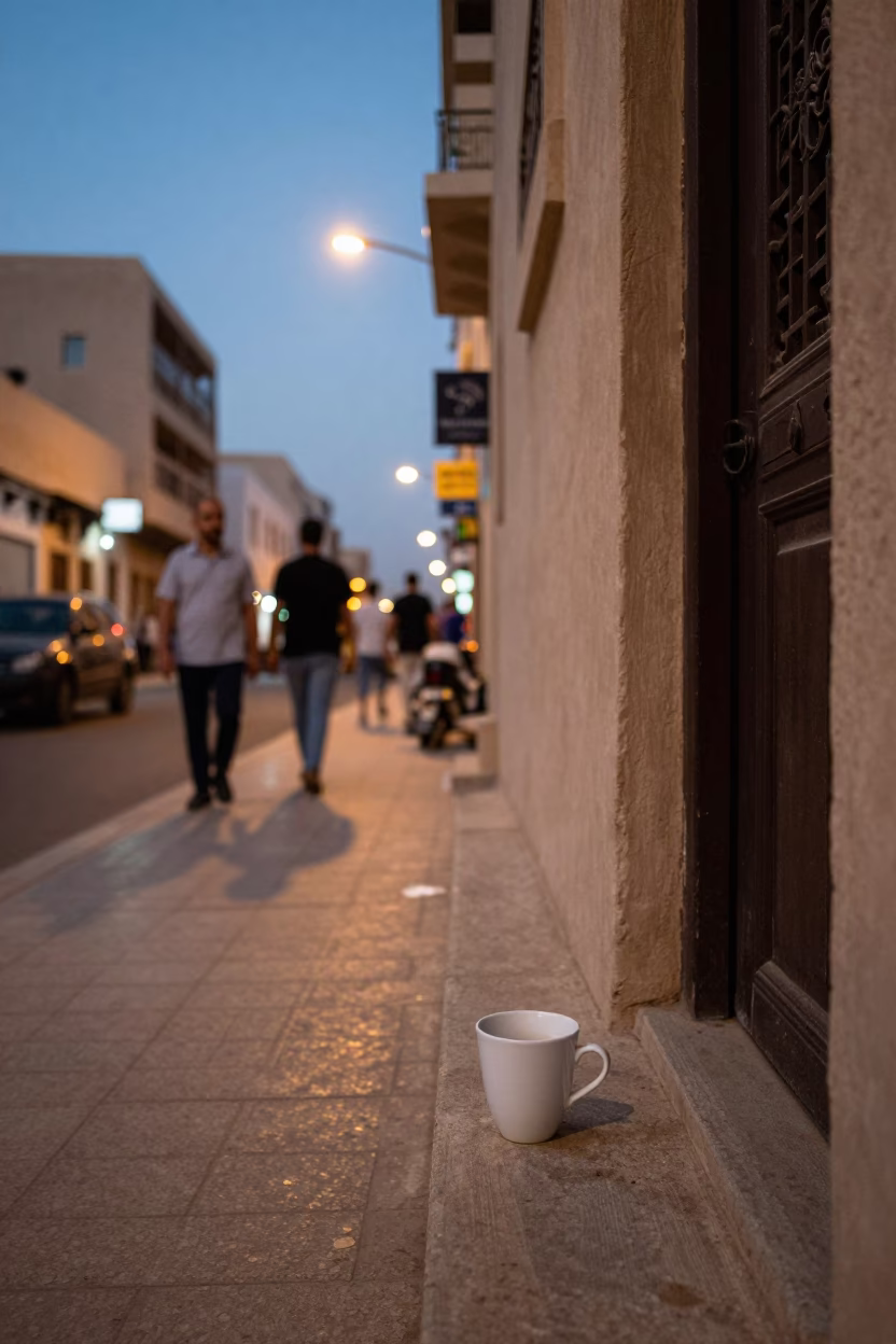 Muscat Oman Street Scene at Dusk with White Cup and Local Market Activity in in Muscat, Oman
