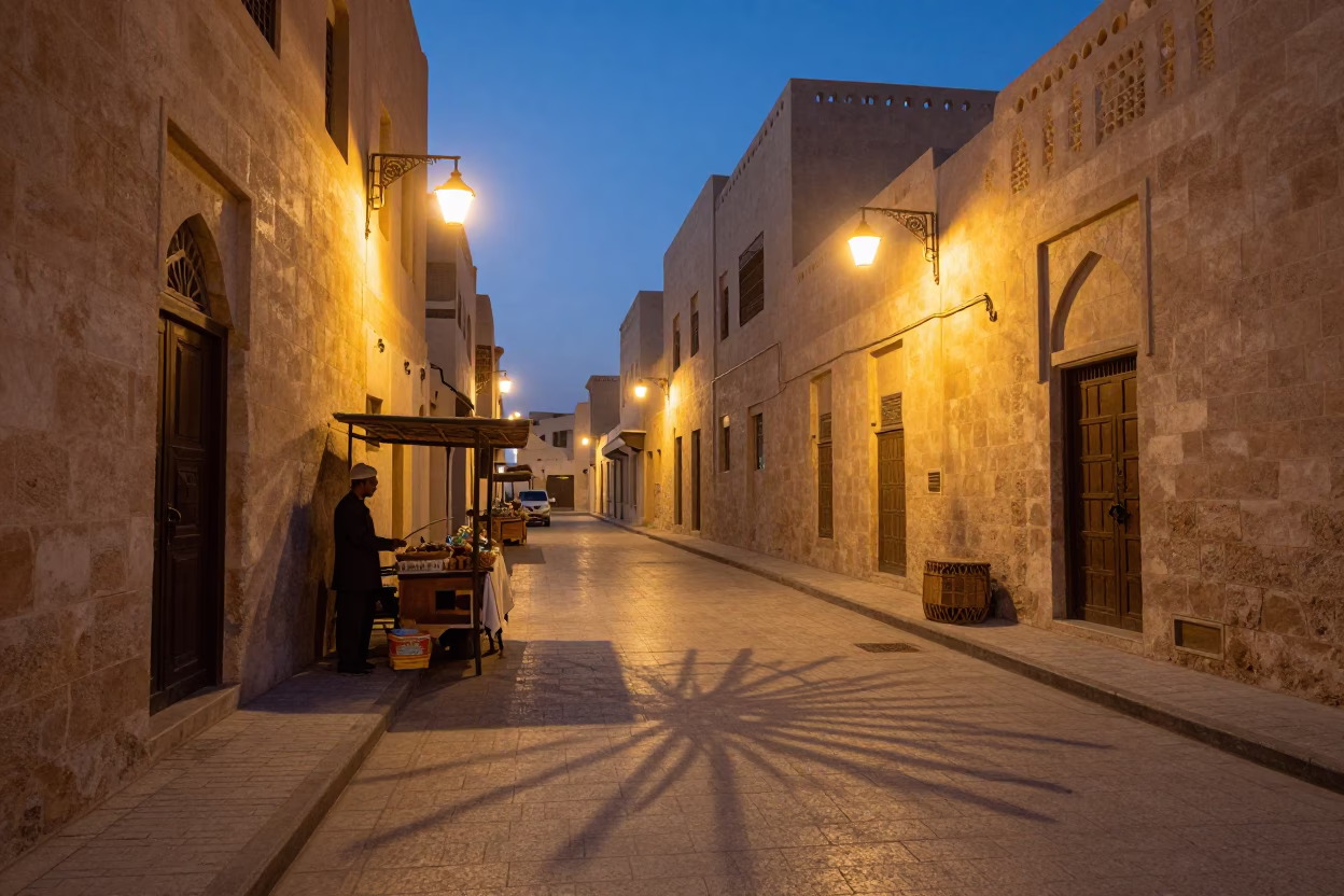 Muscat Oman Street Scene at Dusk with Wicker Shadow and Enamel Pitcher in in Muscat, Oman