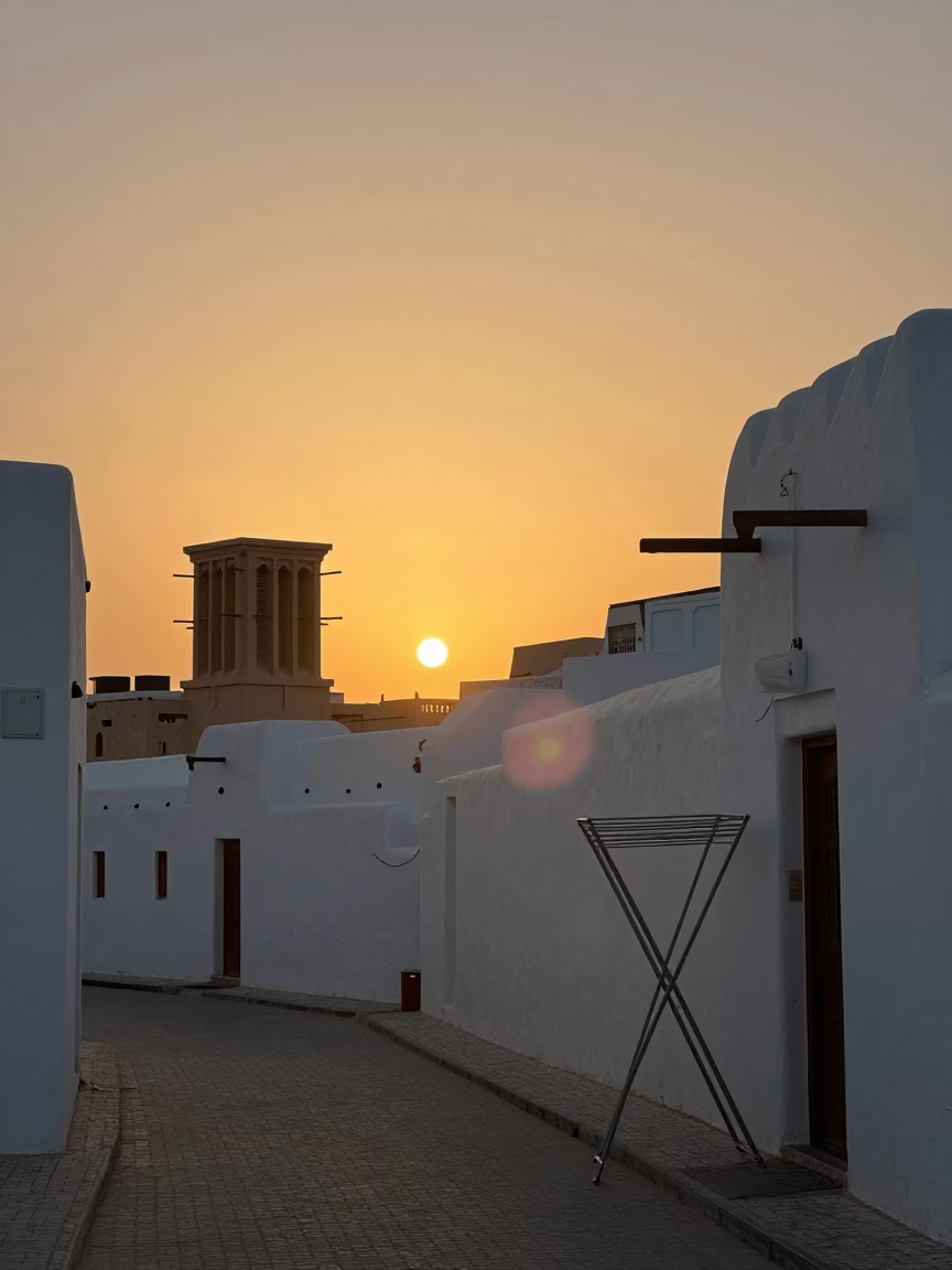 Muscat Oman Street Scene at Sunset with Drying Rack and Traditional Souq Activity in in Muscat, Oman