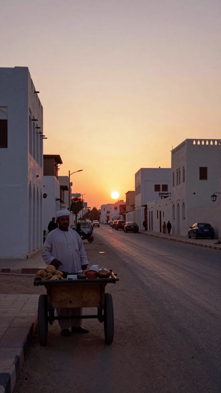 Muscat Oman Street Scene at Sunset with Local Vendor and Traditional Architecture in in Muscat, Oman