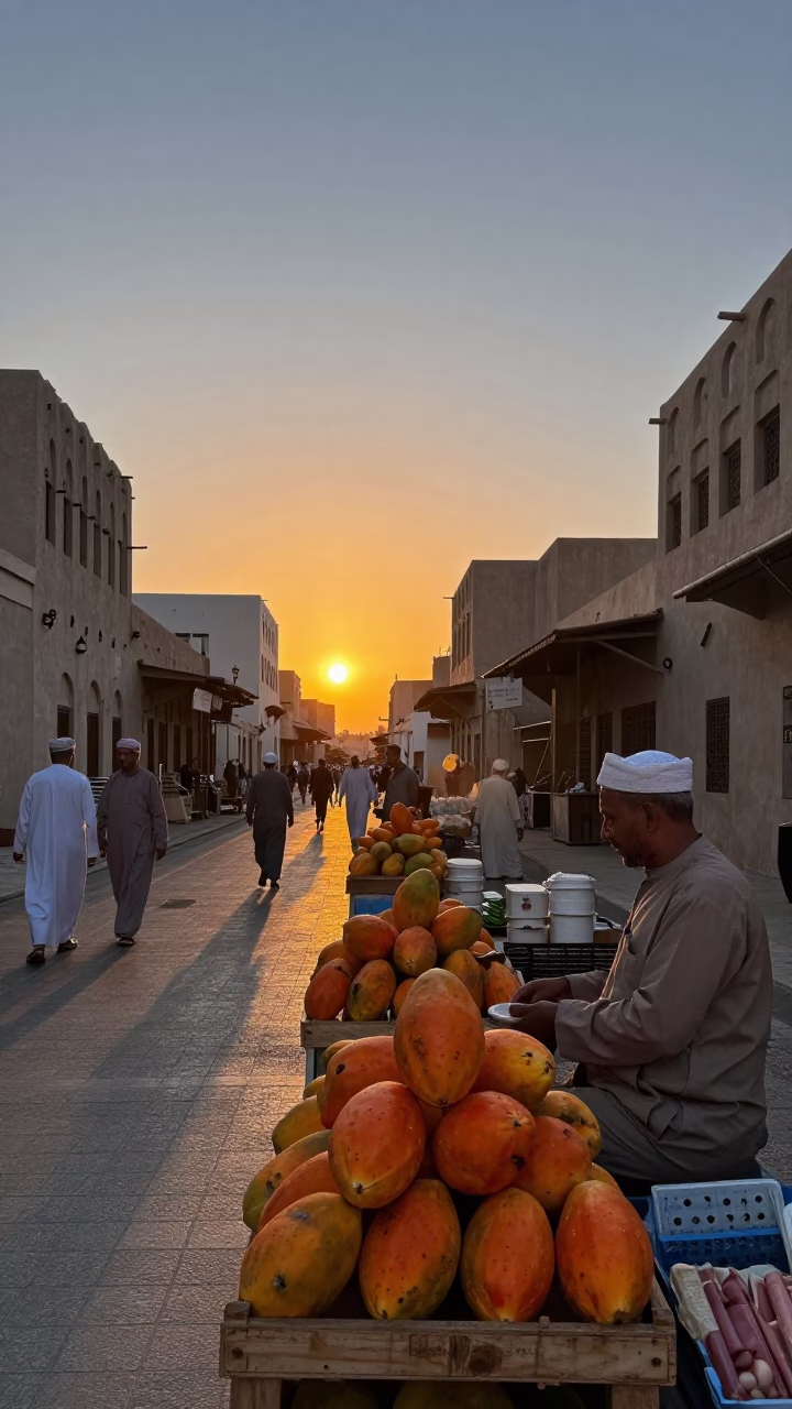 Muscat Oman Street Scene at Sunset with Papayas and Traditional Souq Activity in in Muscat, Oman