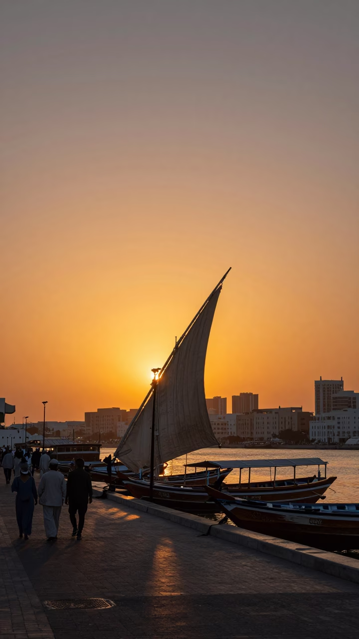Muscat Oman Street Scene at Sunset with Traditional Dhow Boats and Busy Market Activity in in Muscat, Oman