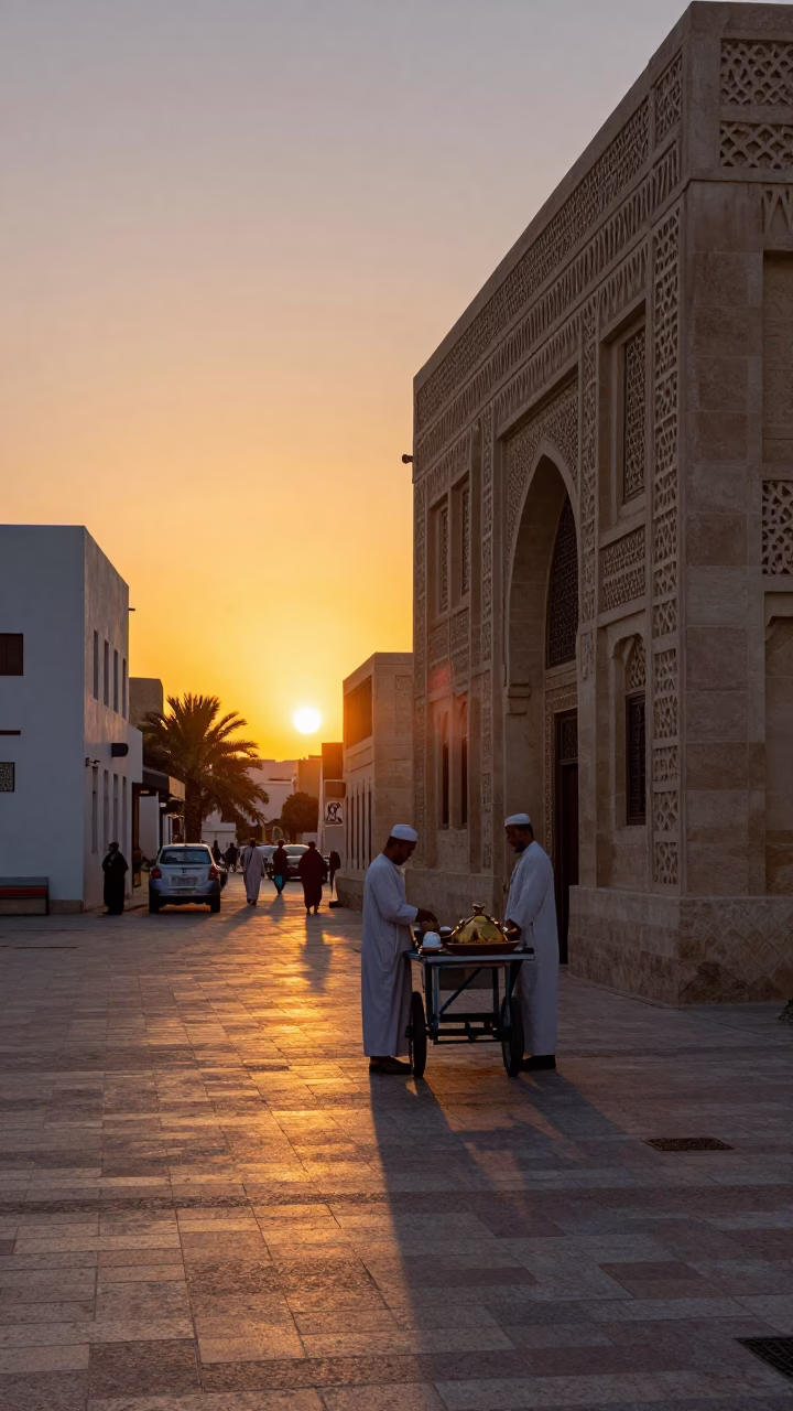 Muscat Oman Street Scene at Sunset with Traditional Omani Dish and Local Architecture in in Muscat, Oman