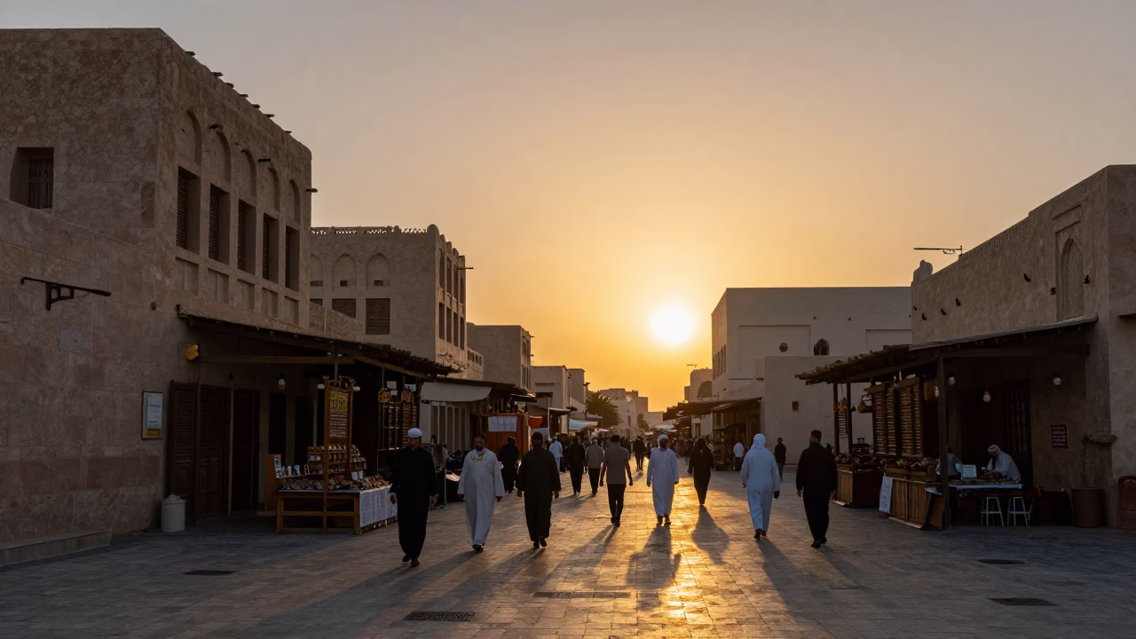 Muscat Oman Street Scene at Sunset with Traditional Souq Activity and Local Artisans in in Muscat, Oman