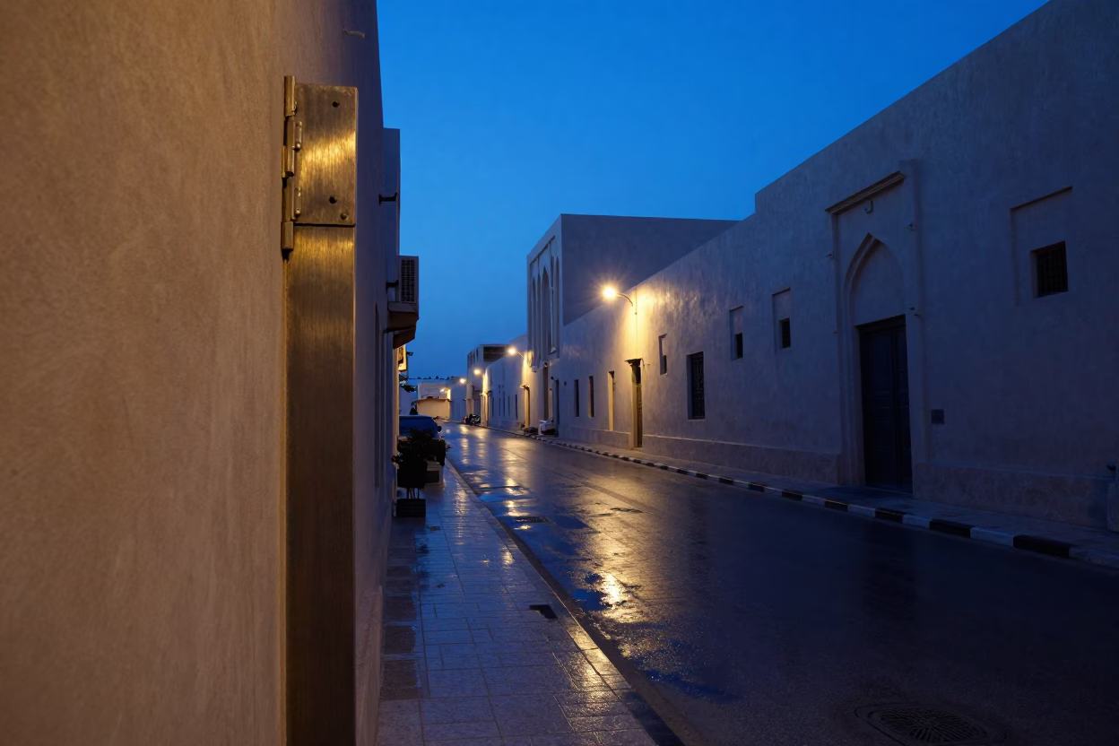 Muscat Oman Street Scene Before Dawn With Brushed Steel Hinge And Deadbolt Detail in in Muscat, Oman