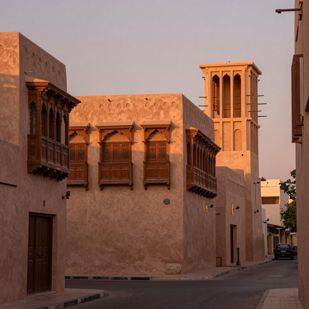 Muscat Oman street scene before dusk copper light traditional architecture and daily life in in Muscat, Oman