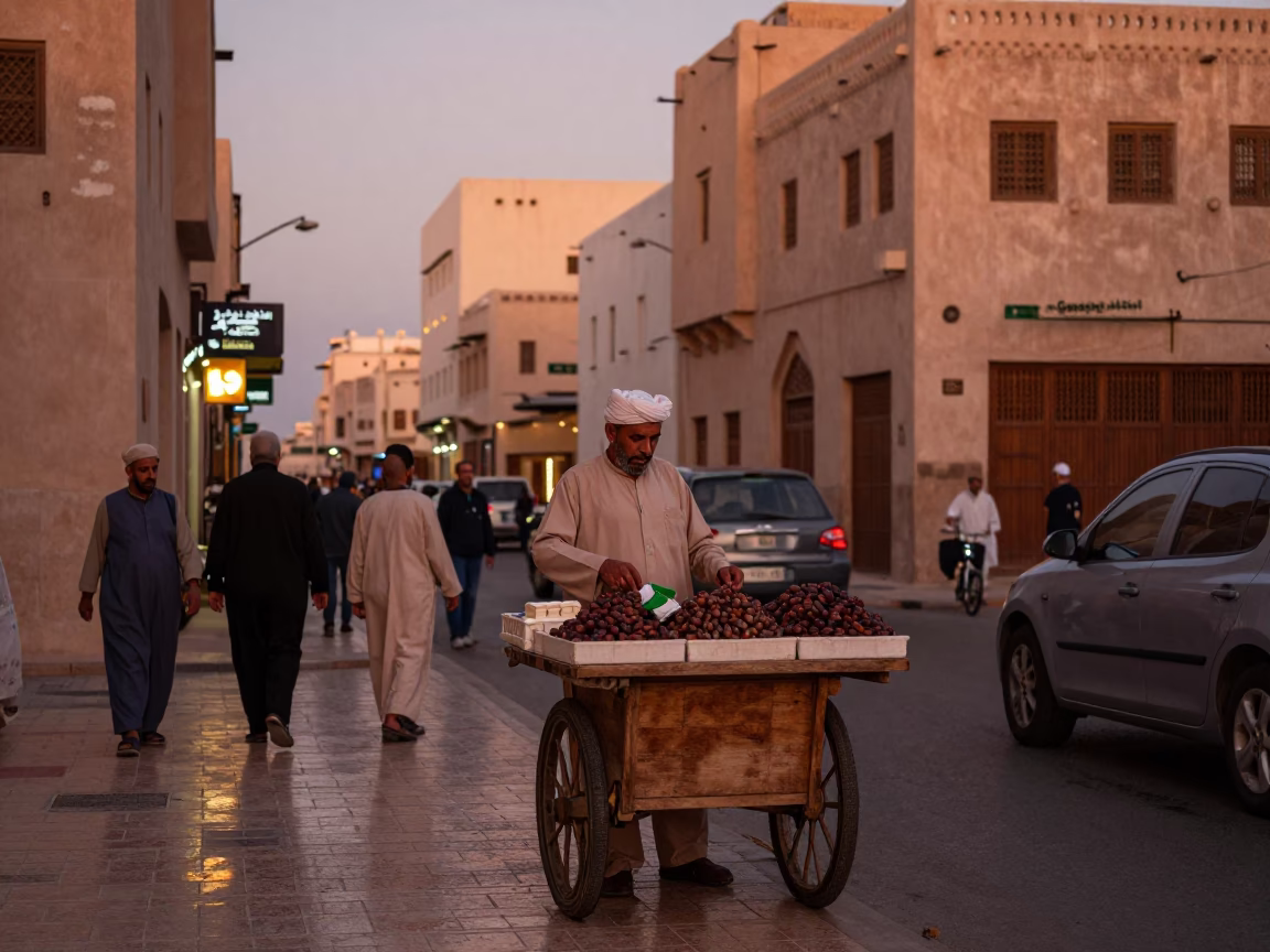 Muscat Oman Street Scene Before Dusk with Copper Light and Local Commerce in in Muscat, Oman
