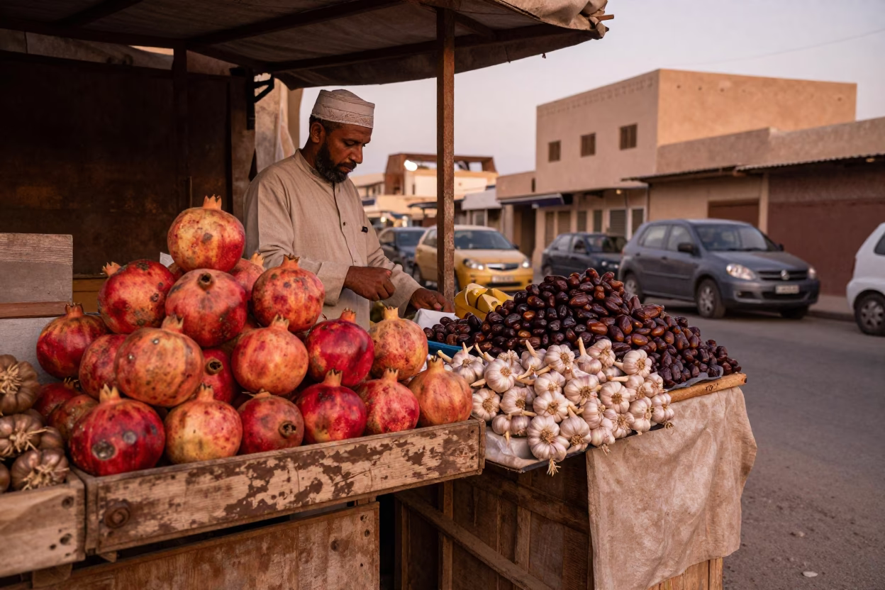 Muscat Oman Street Scene Before Dusk with Garlic and Linen Cloth in in Muscat, Oman