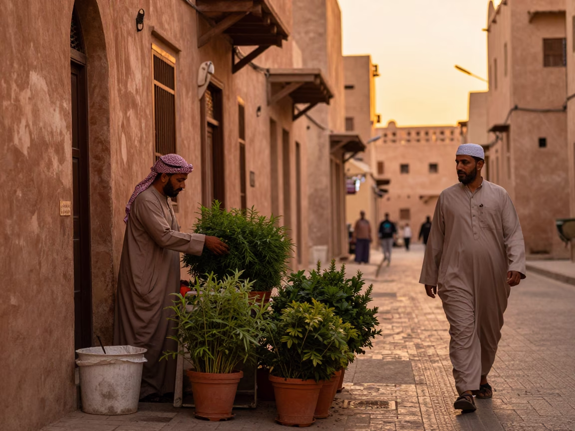 Muscat Oman Street Scene Before Dusk with Potted Herbs and Traditional Architecture in in Muscat, Oman
