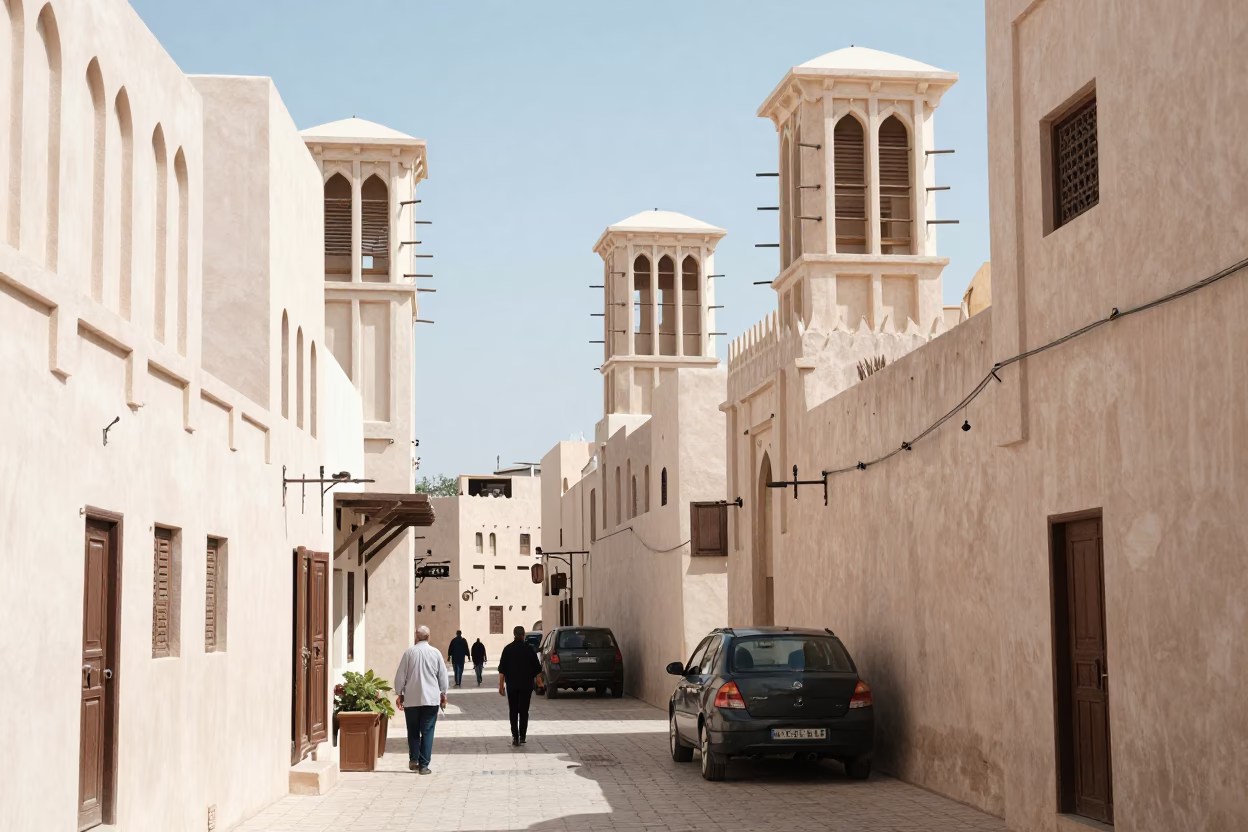 Muscat Oman Street Scene Bright Midmorning Light Traditional Architecture and Daily Life in in Muscat, Oman