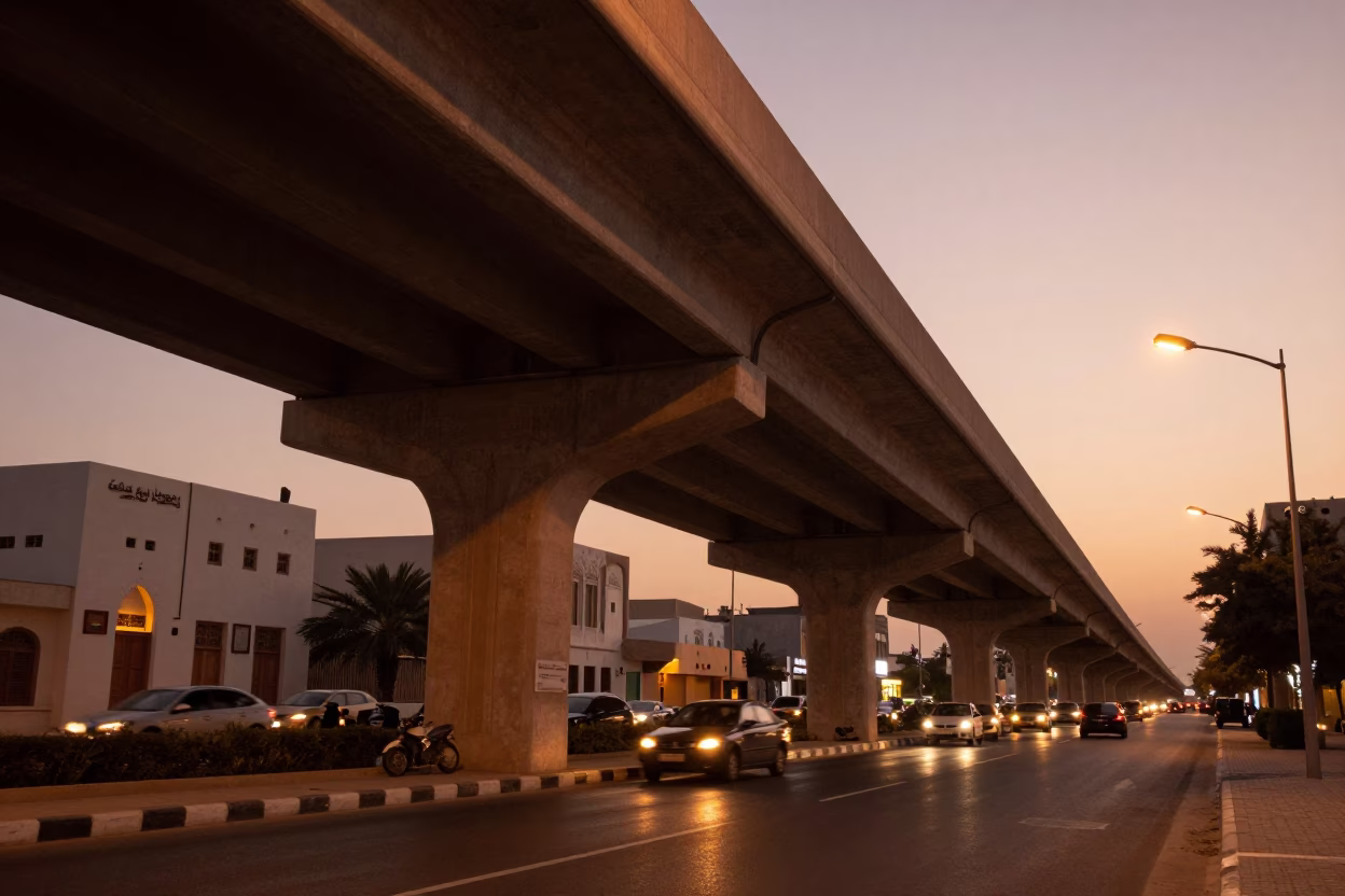 Muscat Oman street scene copper dusk light concrete overpass and local market activity in in Muscat, Oman