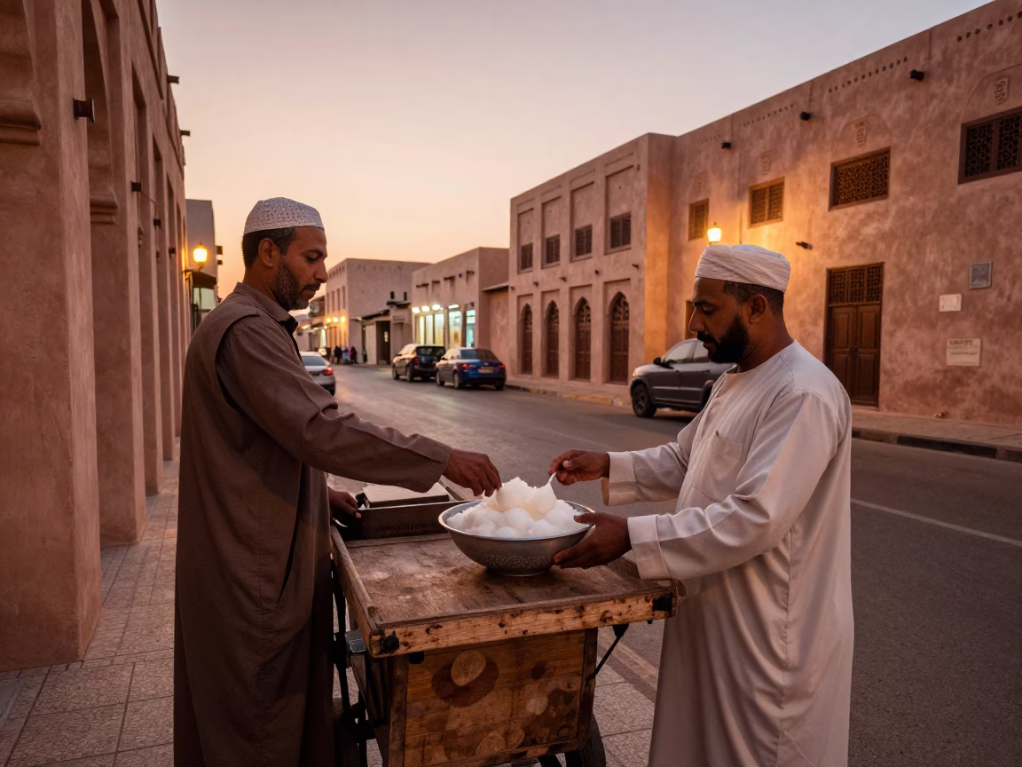 Muscat Oman Street Scene Copper Dusk Light Local Interaction in in Muscat, Oman
