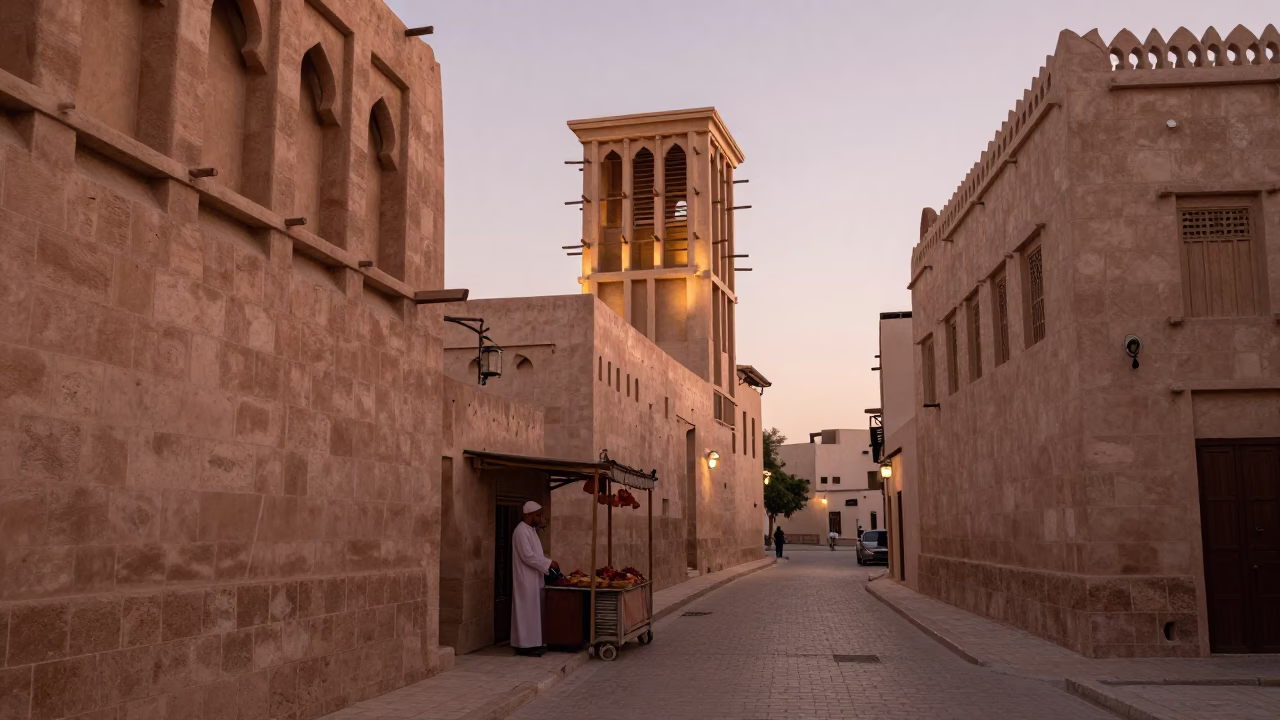 Muscat Oman Street Scene Copper Dusk Light Traditional Architecture and Daily Life in in Muscat, Oman