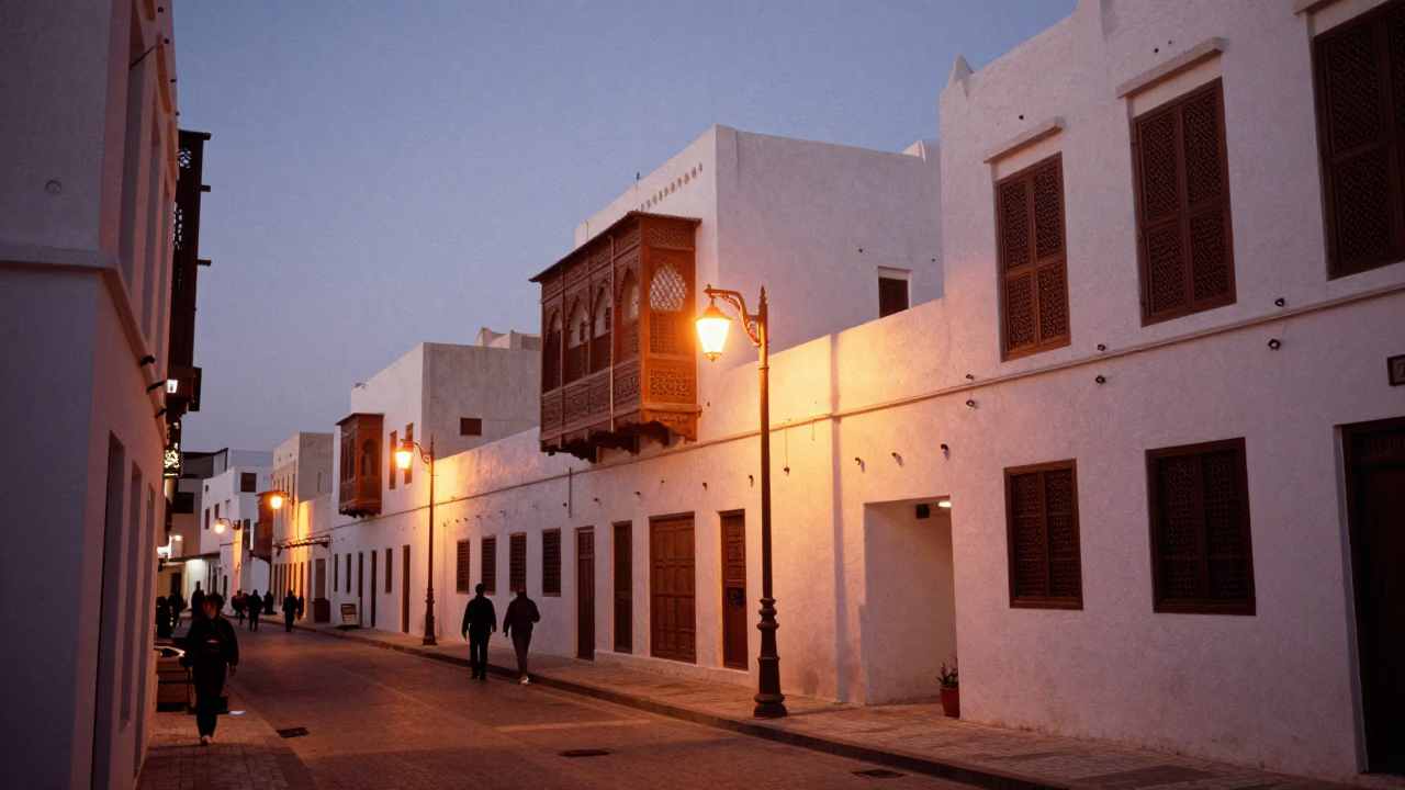 Muscat Oman Street Scene Copper Light Before Dusk with Local Market Activity in in Muscat, Oman
