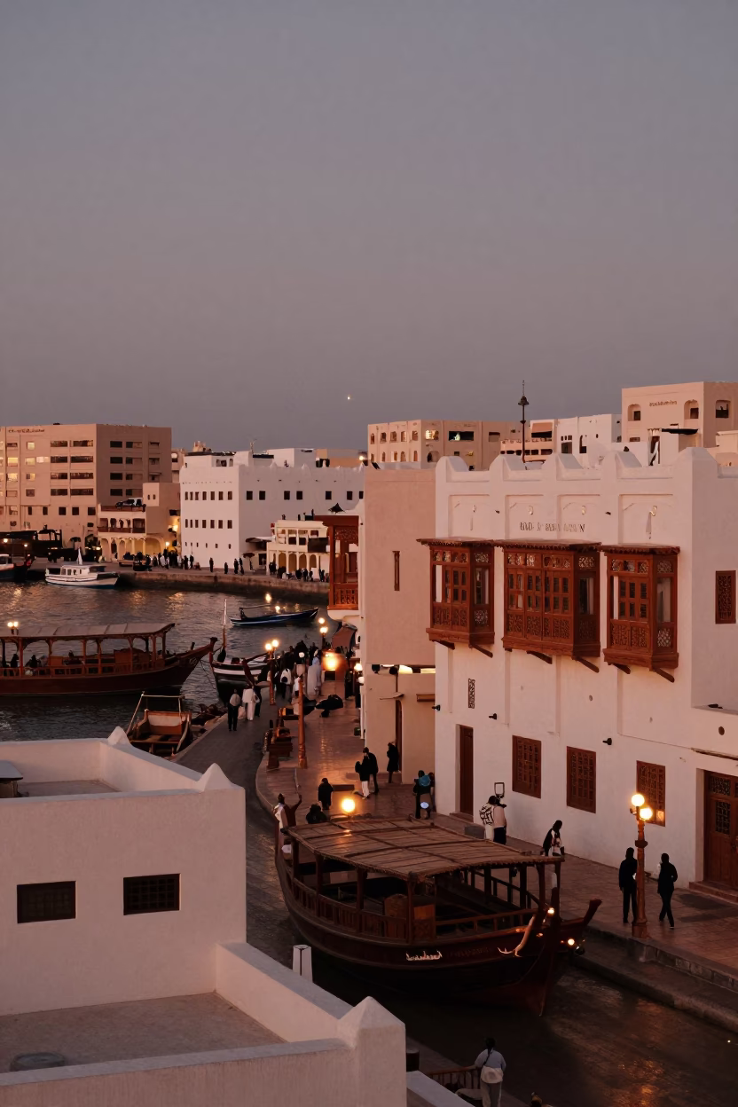 Muscat Oman Street Scene Copper Light Dhow Harbor and Traditional Architecture in in Muscat, Oman