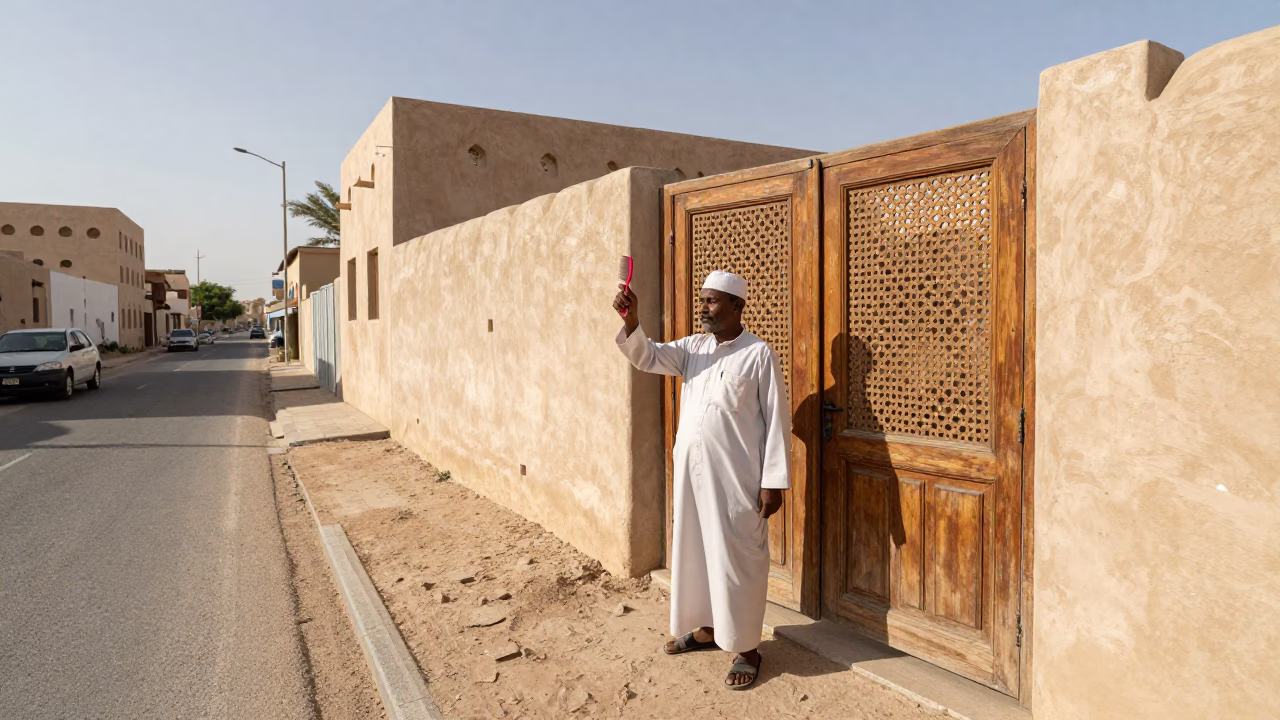 Muscat Oman Street Scene Early Afternoon with Hair Comb and Garden Gate in in Muscat, Oman