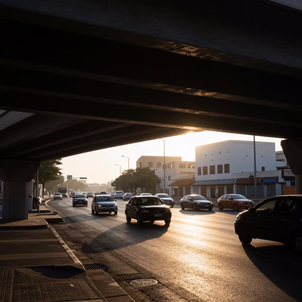 Muscat Oman Street Scene Early Morning Traffic Shadows and Traditional Architecture in in Muscat, Oman